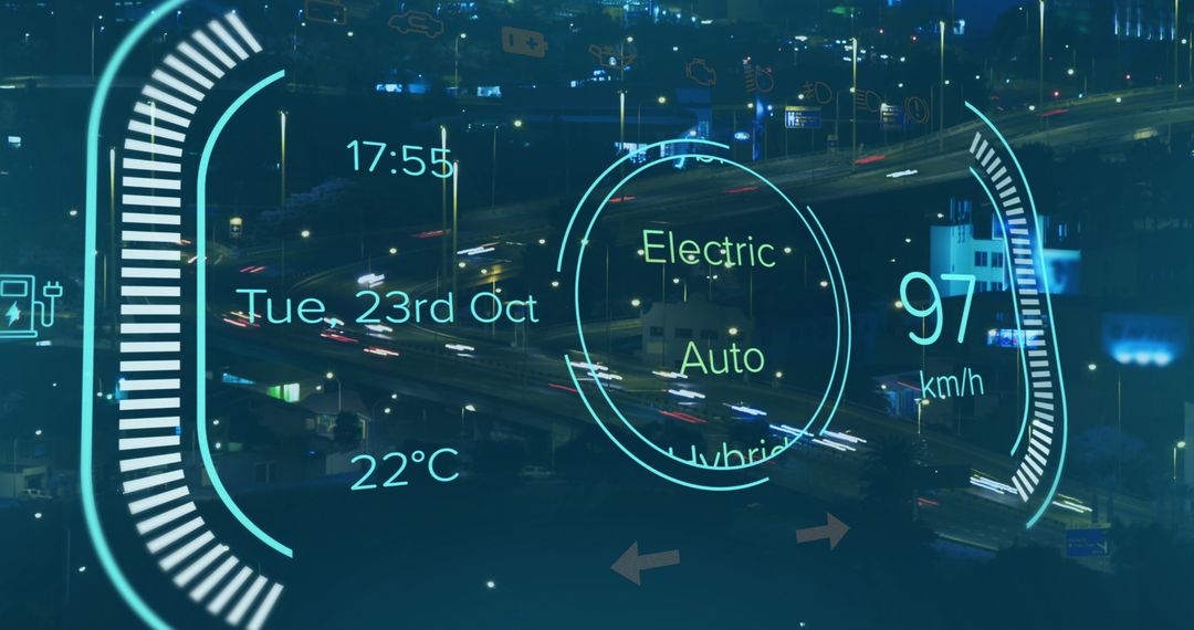 Electric Car Speedometer Interface Over City at Night