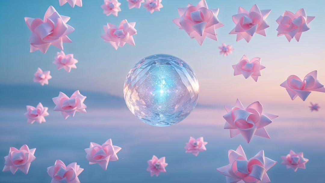 Floating pink ribbon bows and sparkling orb in surreal pastel sky