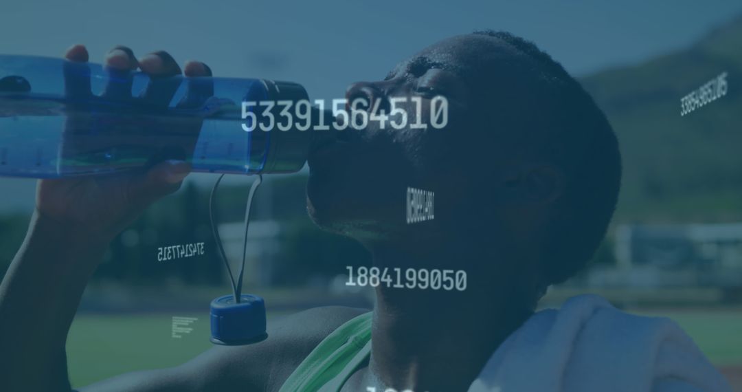 Athlete Drinking Water with Digital Overlay Depicting Data Concepts