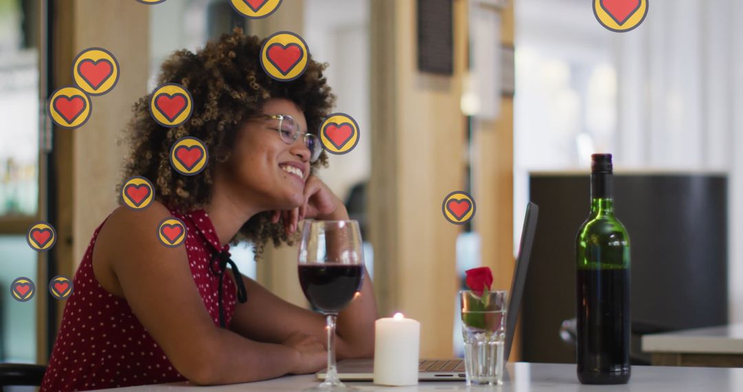 Woman Enjoying Virtual Date with Wine and Hearts Overlay