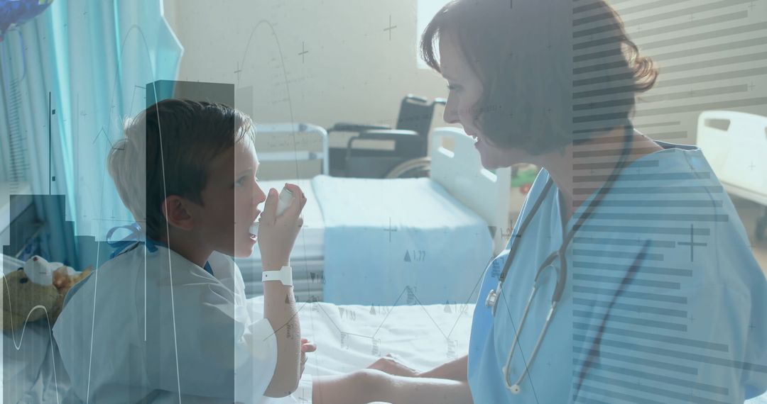 Nurse Assisting Child with Inhaler in Medical Ward