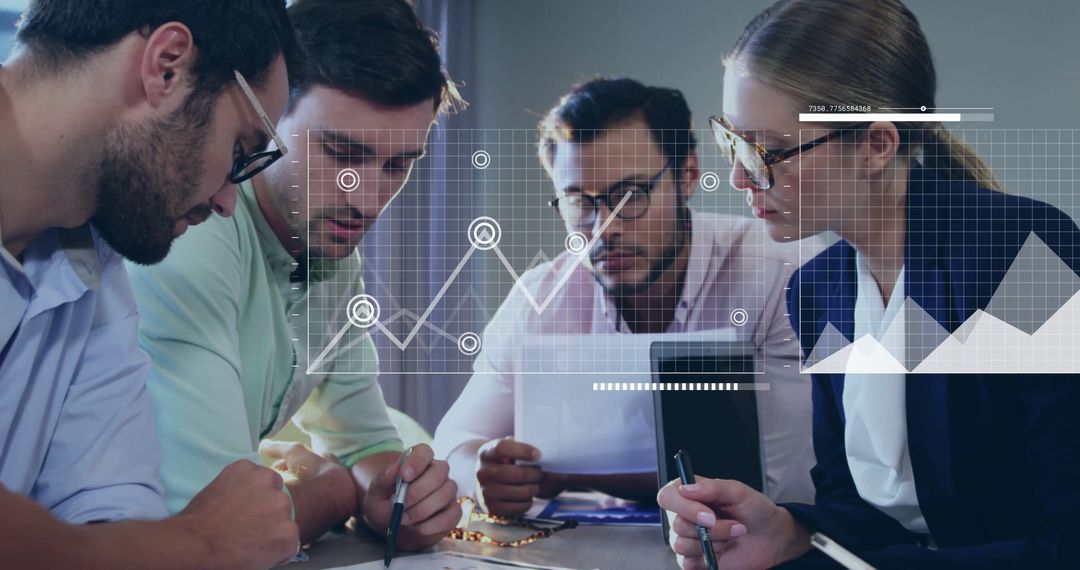 Financial Team Analyzing Data with Graphic Overlay