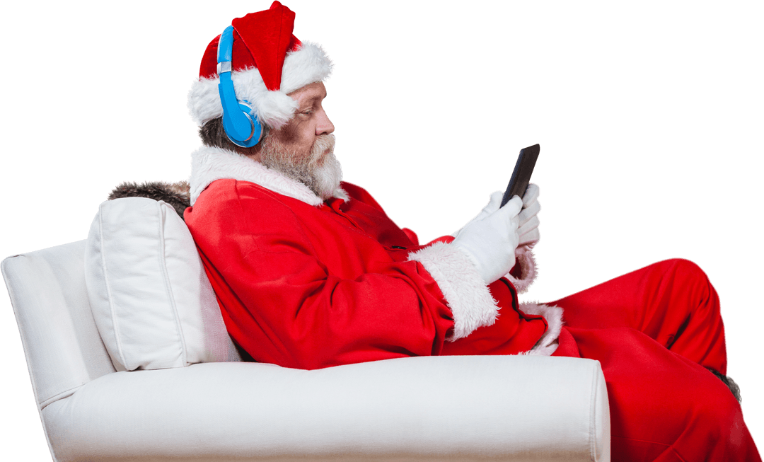Relaxed Santa Claus Reading on Tablet with Headphones and Transparent Background