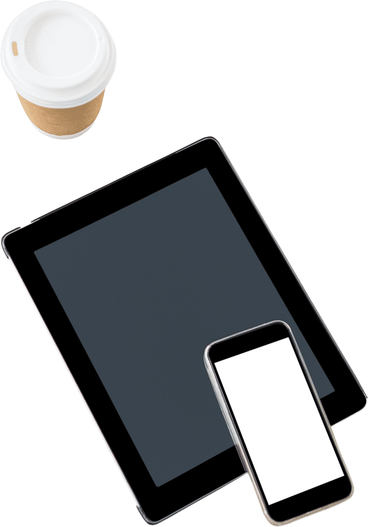 Isolated Transparent Tablet Mobile Cup Overhead Mockup