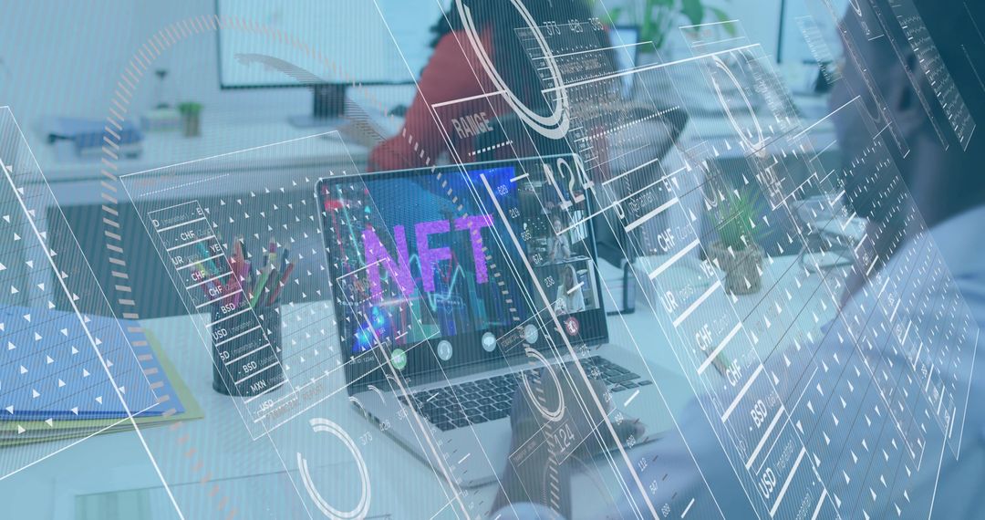 Team exploring NFT dashboards with augmented reality overlays in modern coworking office