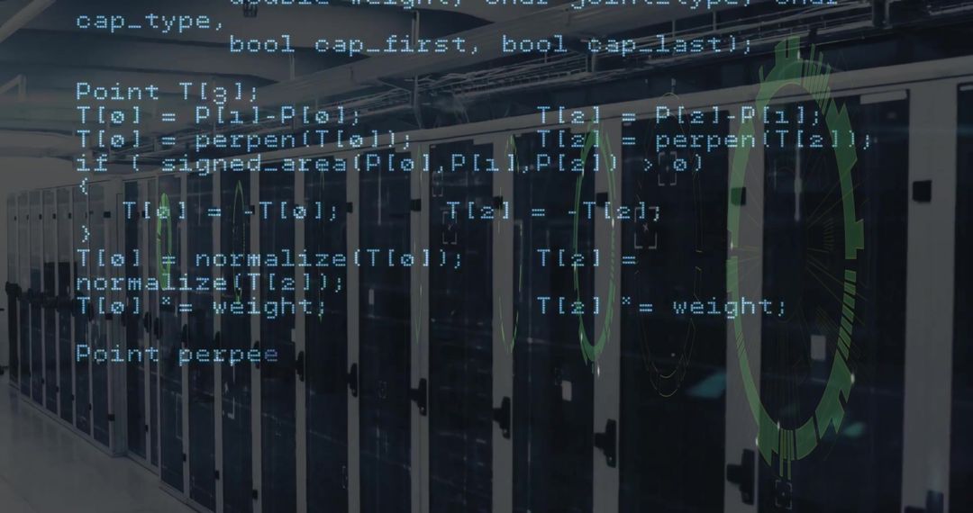 Digital Code Overlay on Server Room with Circular Scanner Interface