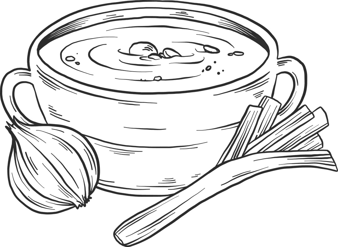Transparent Line-Art Soup with Onion and Stalk on Rustic Theme