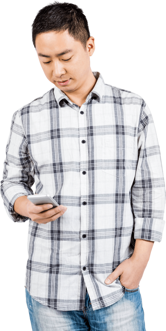 Young Asian Man Using Smartphone with Incorporating Technology