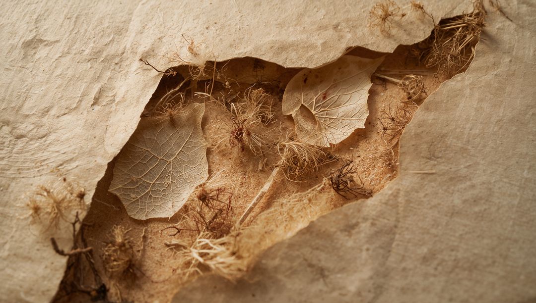 Torn Beige Paper Revealing Skeletonized Leaves and Dried Seed Fluff Macro Closeup Texture