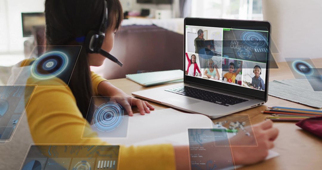 Child taking notes in virtual classroom wearing headset at home desk with laptop overlays