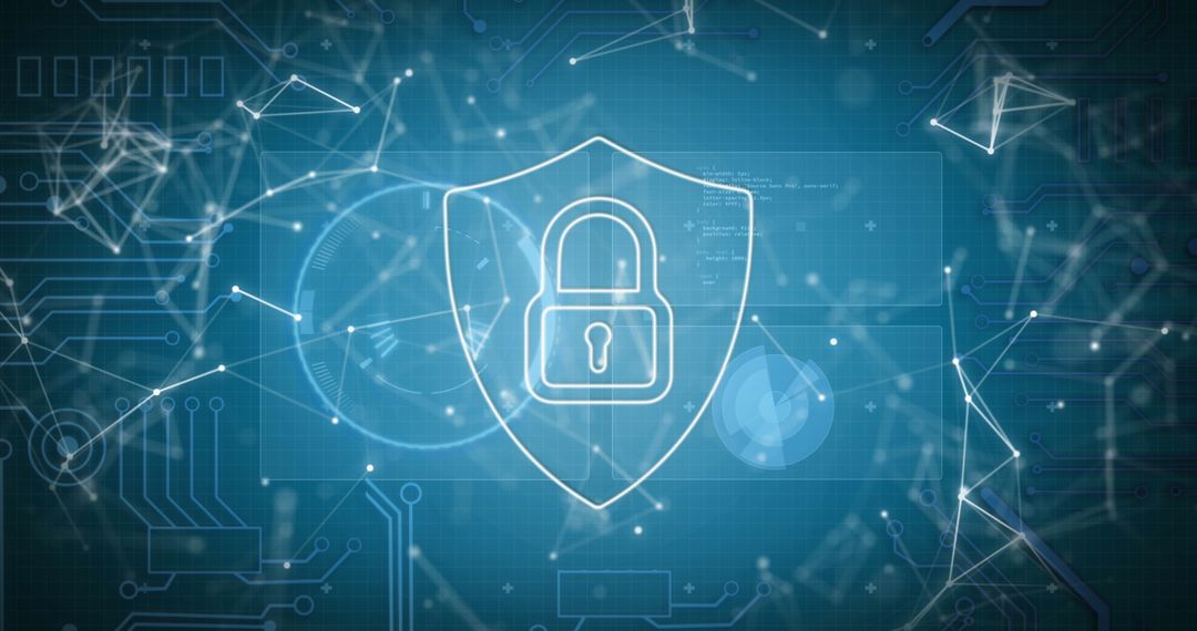 Cybersecurity Shield with Digital Padlock and Networking Elements