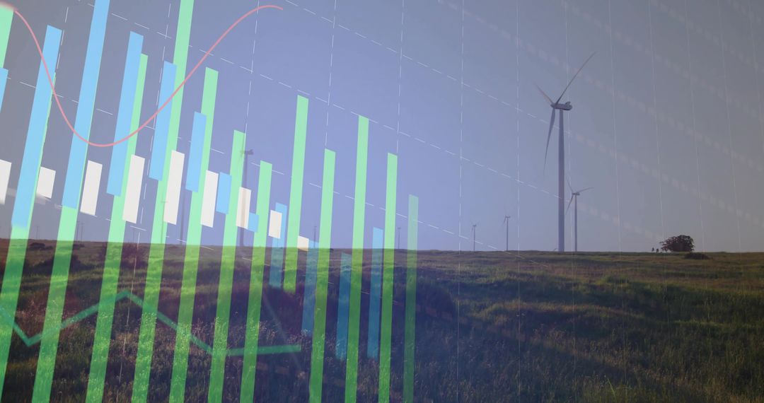 Wind Turbines in Field Overlaid with Data Visualization Charts