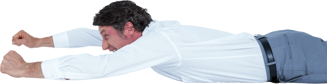 Transparent businessman flying pose symbolizing achievement