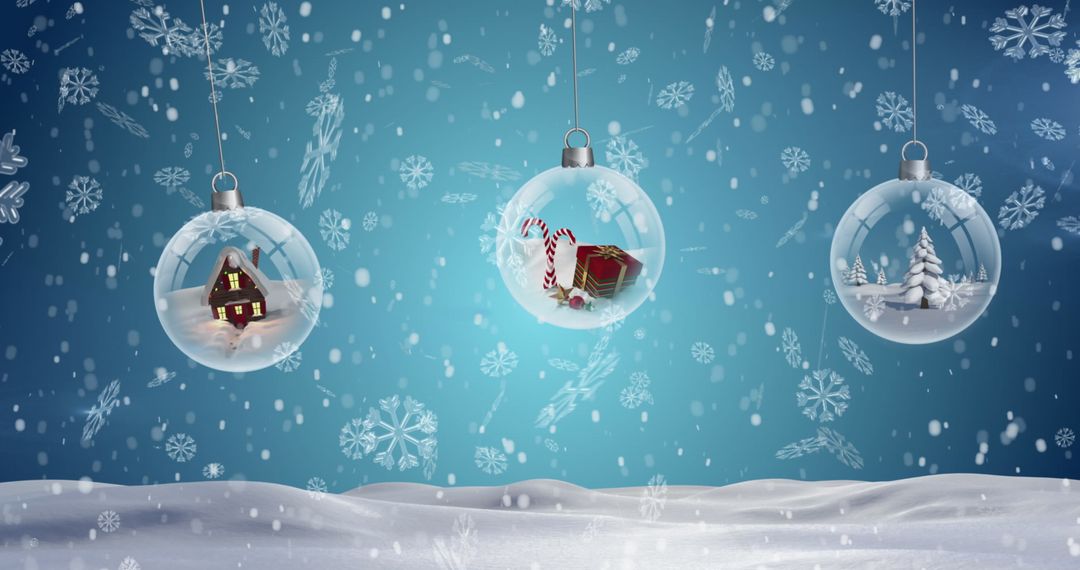 Christmas Baubles with Snowy Landscapes and Falling Snowflakes