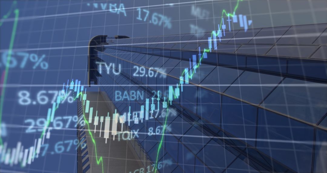 Financial Data Overlay on Skyscraper with Rising Stock Graph