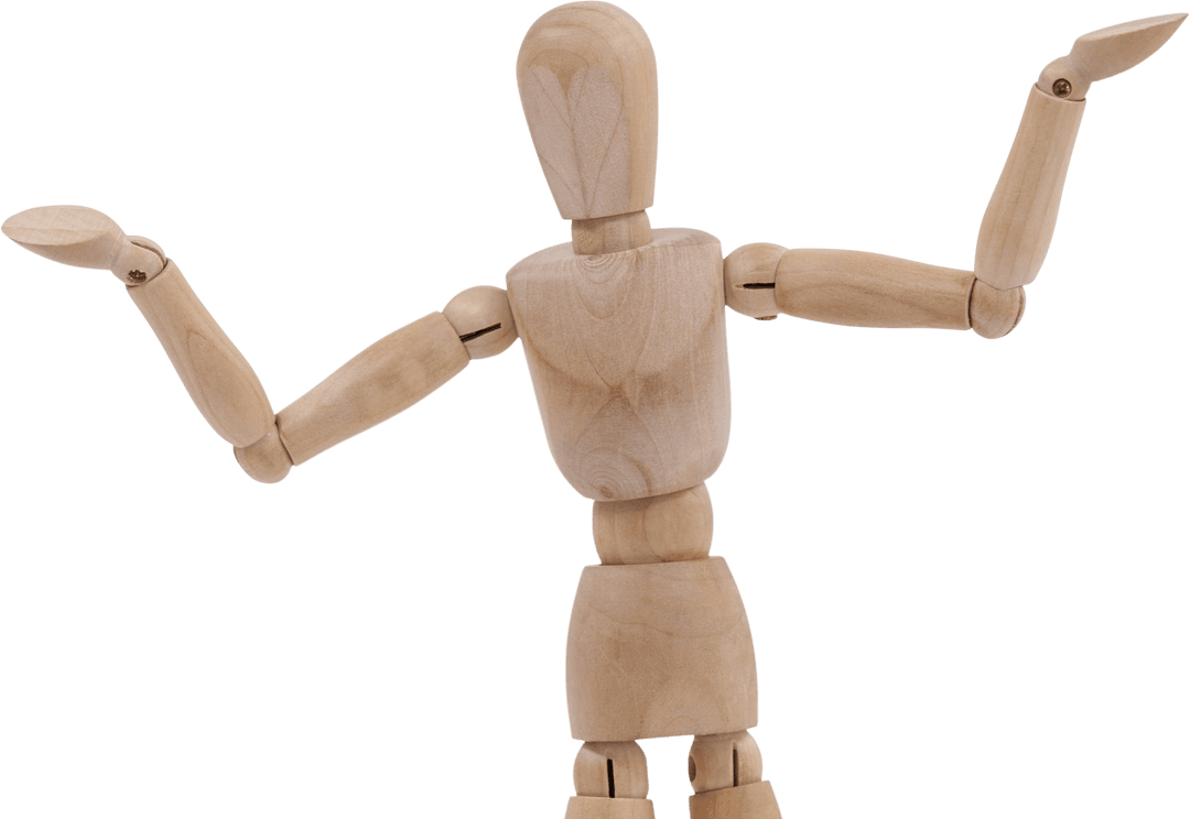 Transparent Wooden Mannequin With Arms Raised in Gesture