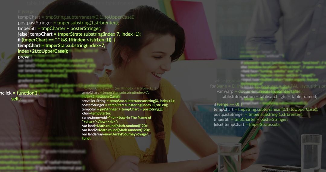 Smiling woman using smartphone and laptop with overlaid code in coworking space