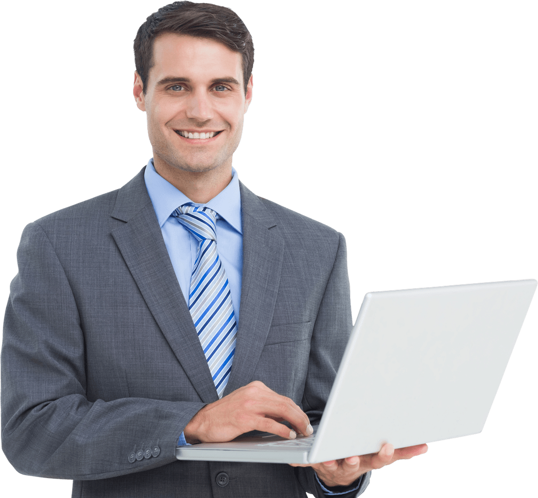 Transparent View of Smiling Businessman Using Laptop Confidently
