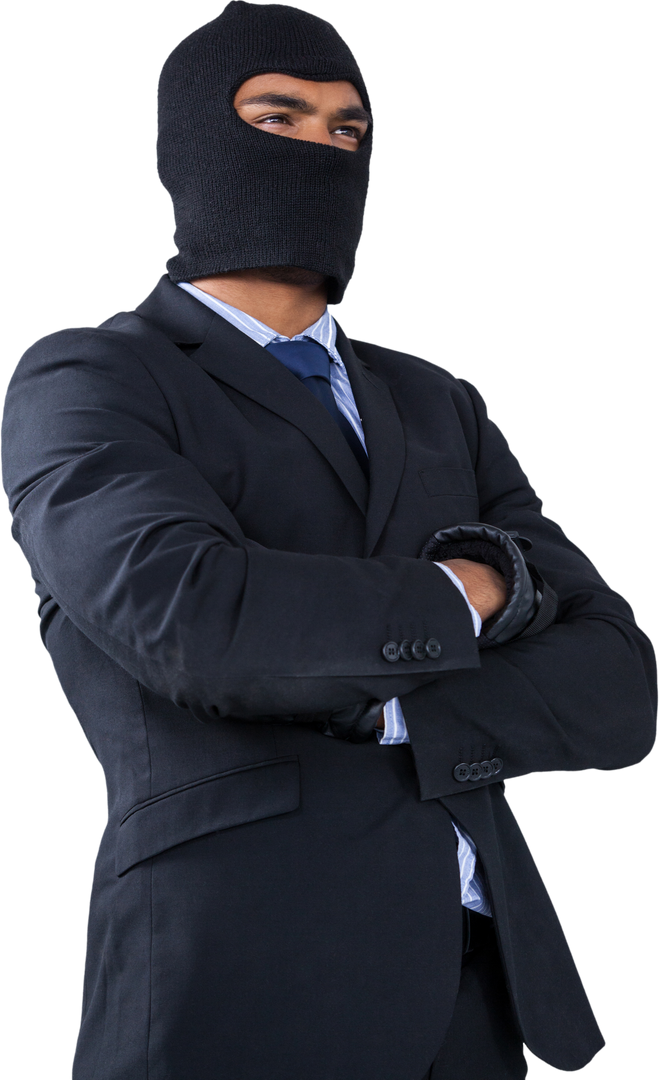 Confident Male Hacker in Black Suit with Crossed Arms Wearing Balaclava and Gloves on Transparent Ba - Download Free Stock Images Pikwizard.com