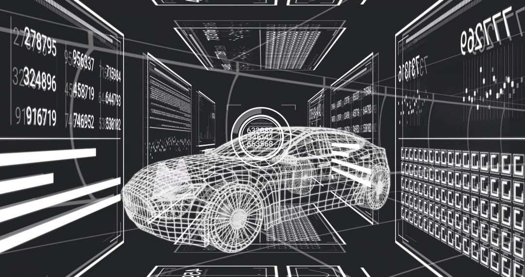 Wireframe Sports Car Rotating Inside Virtual Lab with HUD Data Panels and Mesh Overlay