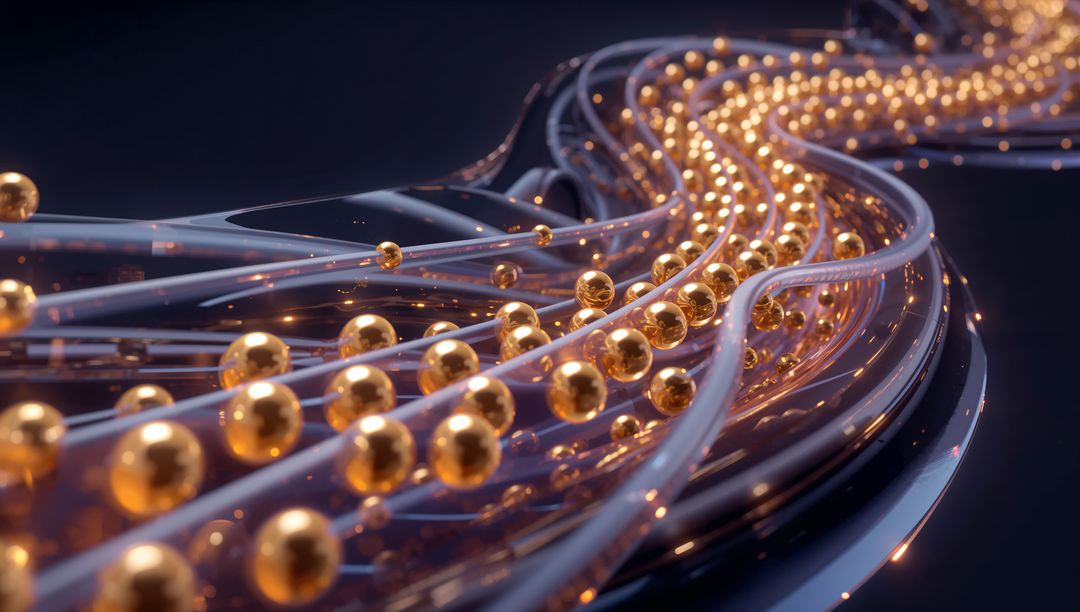 Flowing translucent tubes carrying glowing gold spheres on glossy dark surface for futuristic tech