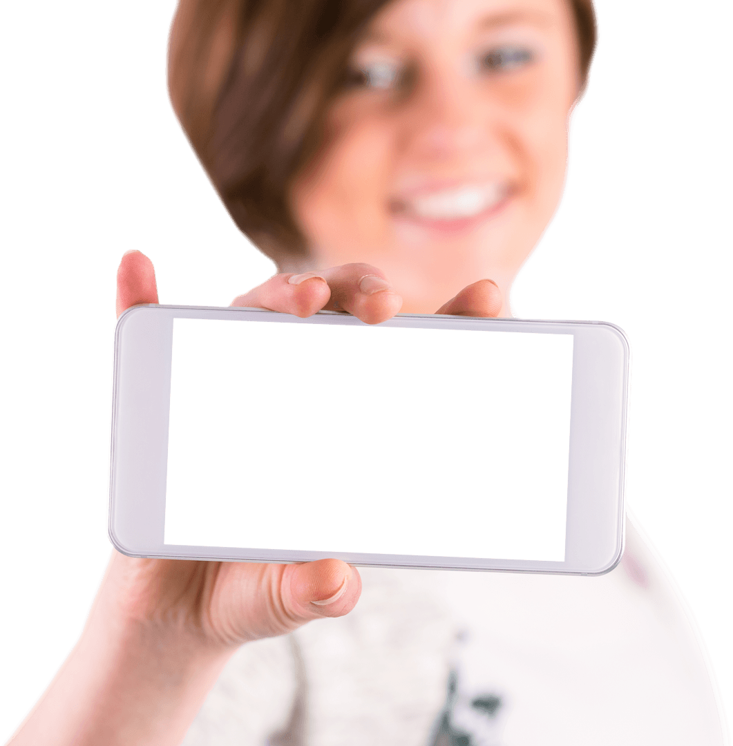 Smiling Woman Displaying Phone with Transparent Screen
