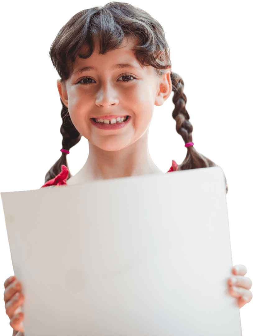Smiling Girl Holding Blank Transparent Cardboard for Art Projects