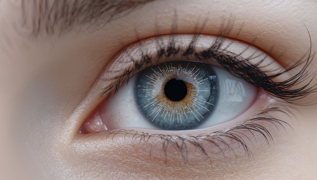 Macro eye with blue-gray iris and golden inner ring with radial digital overlay