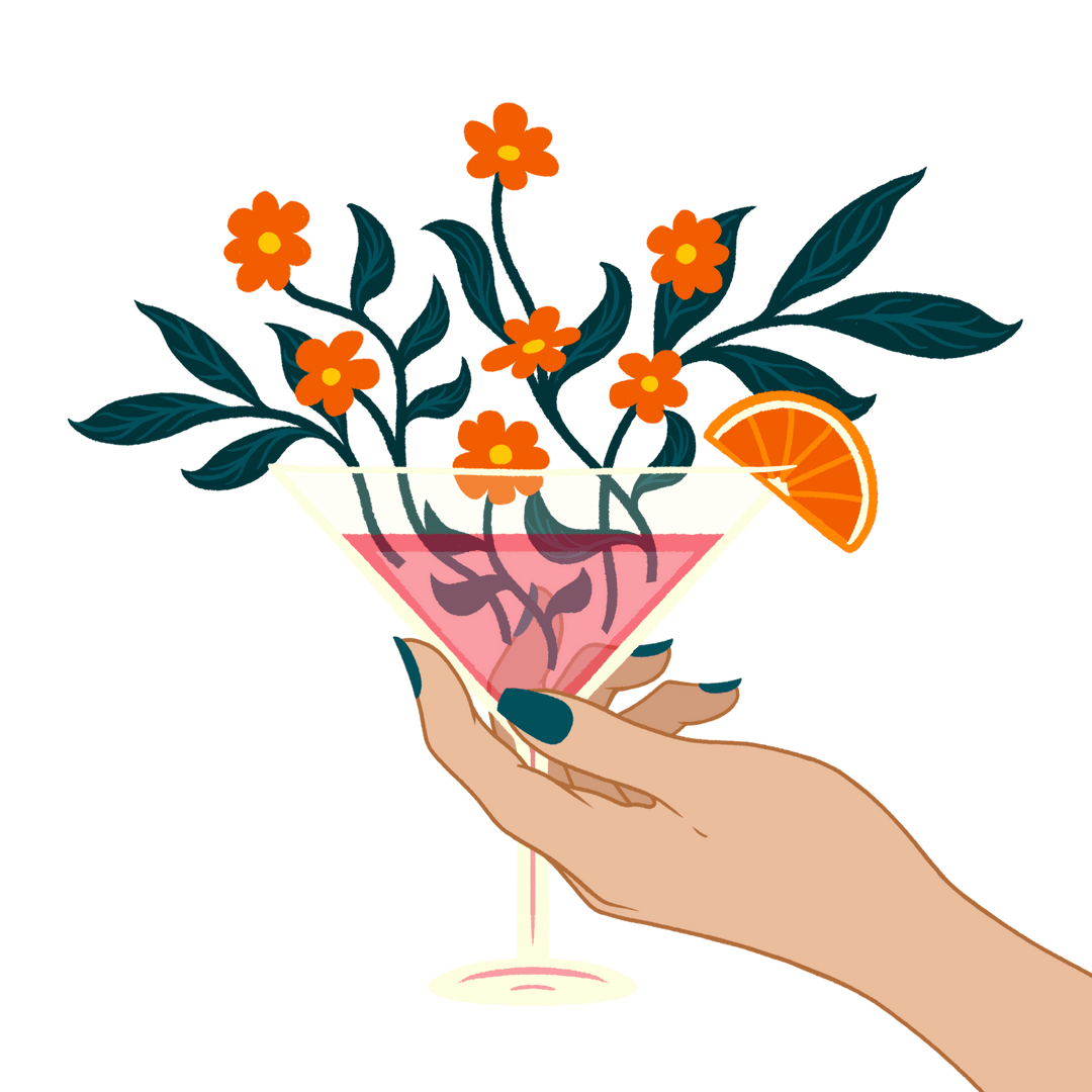 Elegant Hand Holding Cocktail with Floral Elements on Transparent Background