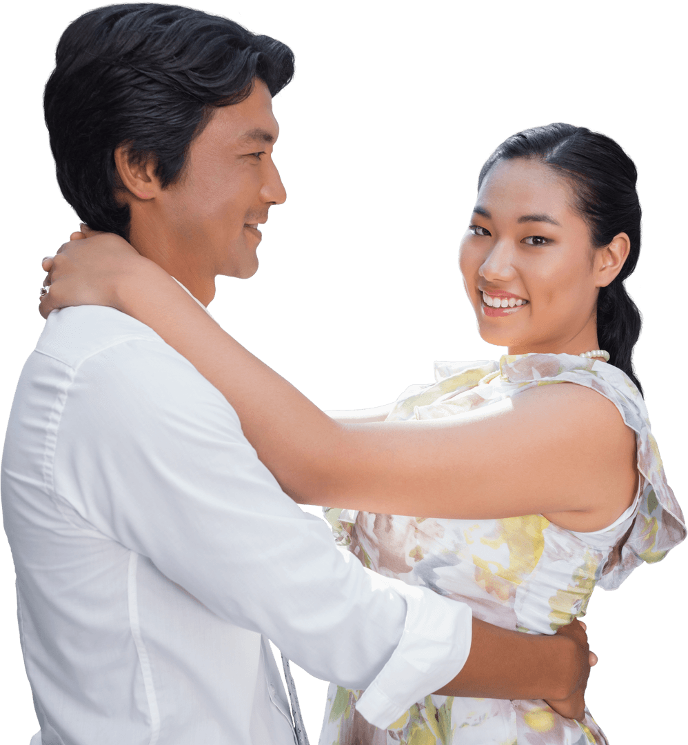 Smiling Asian Couple Embracing Transparent Background
