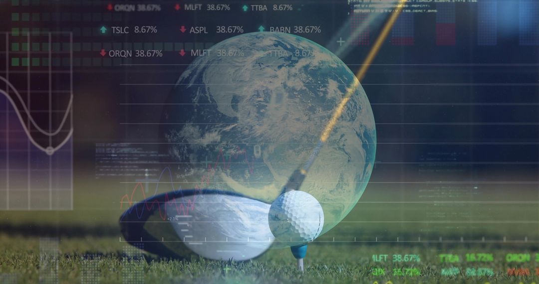 Golf Driver Aligning Ball on Tee with Earth Globe and Financial Data Overlay