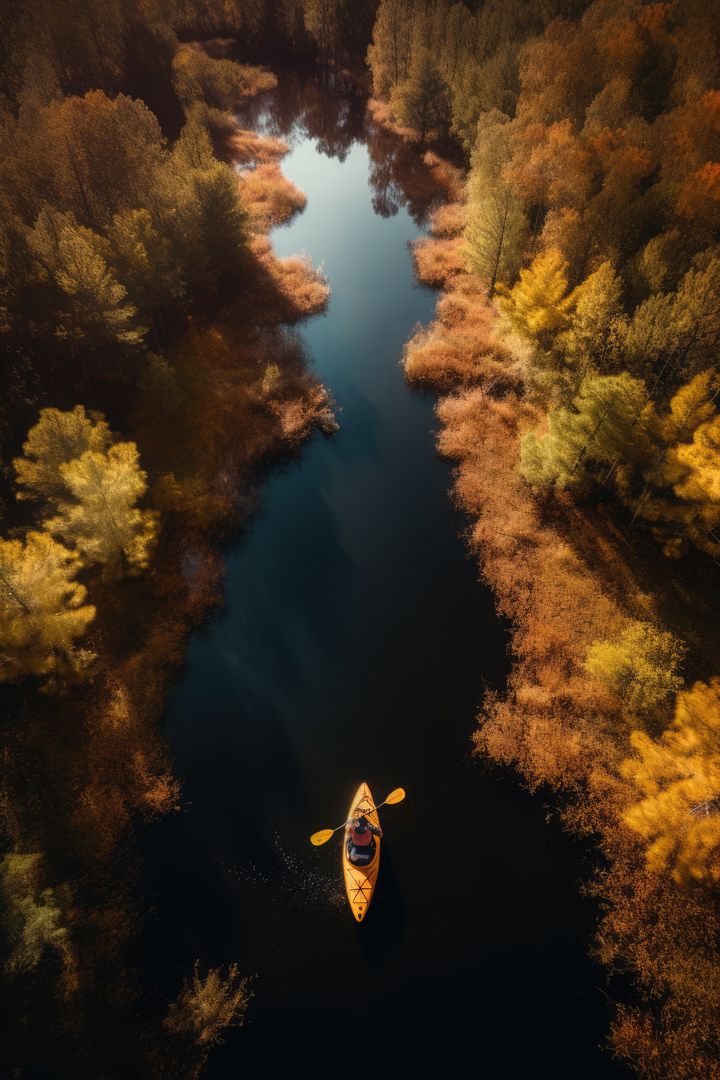 Person Kayaking on Serene River Amidst Vibrant Autumn Colors - Free Images, Stock Photos and Pictures on Pikwizard.com