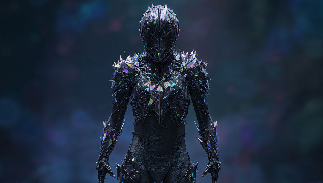 Iridescent Crystal Armor Warrior Wearing Faceted Cybernetic Helmet in Dark Studio