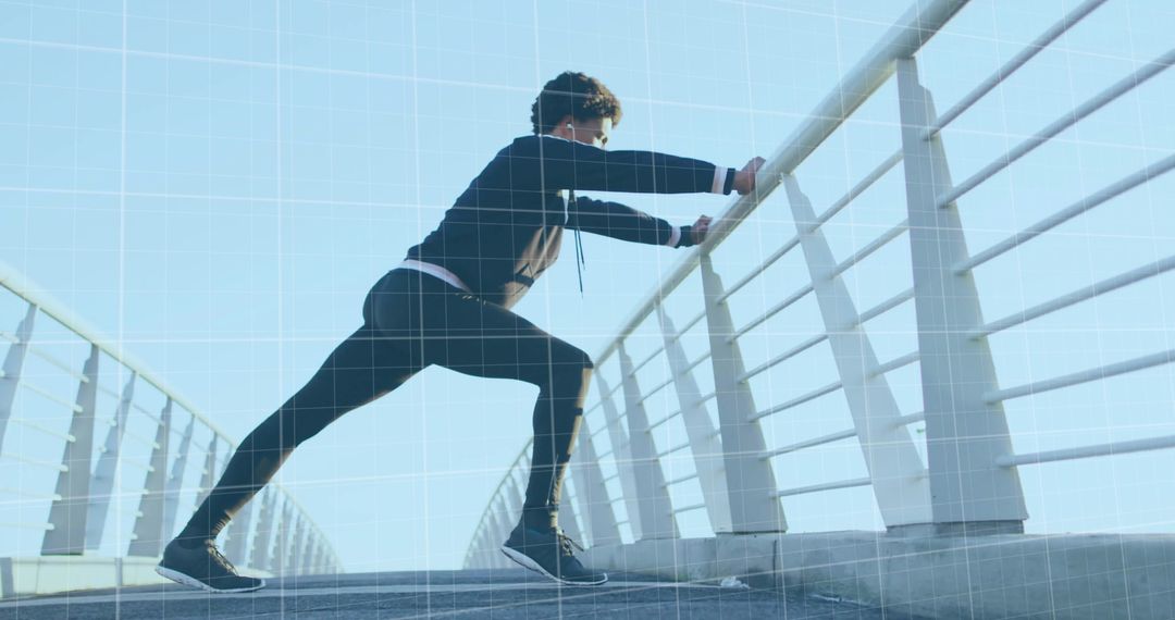 Athlete stretching on bridge with urban backdrop for fitness motivation
