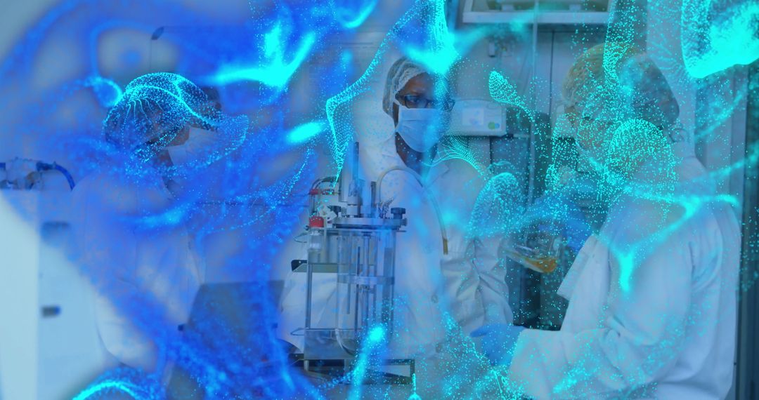 Scientists in Protective Gear Operating Laboratory Reactor with Digital Overlay