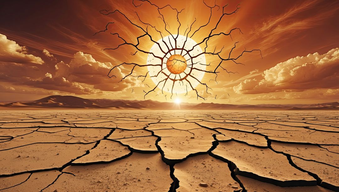 Cracked sun over barren desert symbolizing drought and environmental devastation