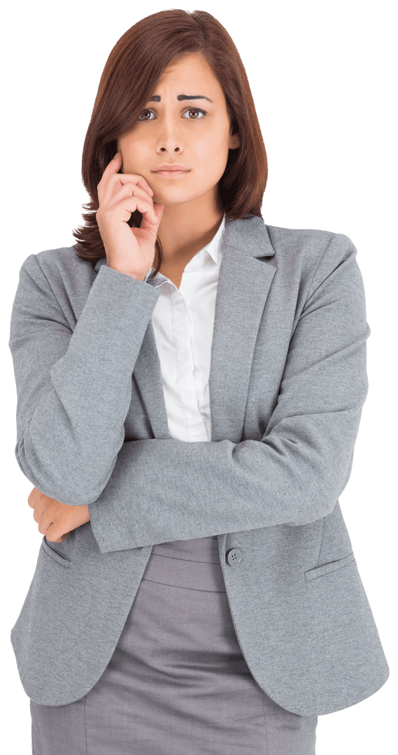 Worried Caucasian Businesswoman Deep in Thought on Transparent Background