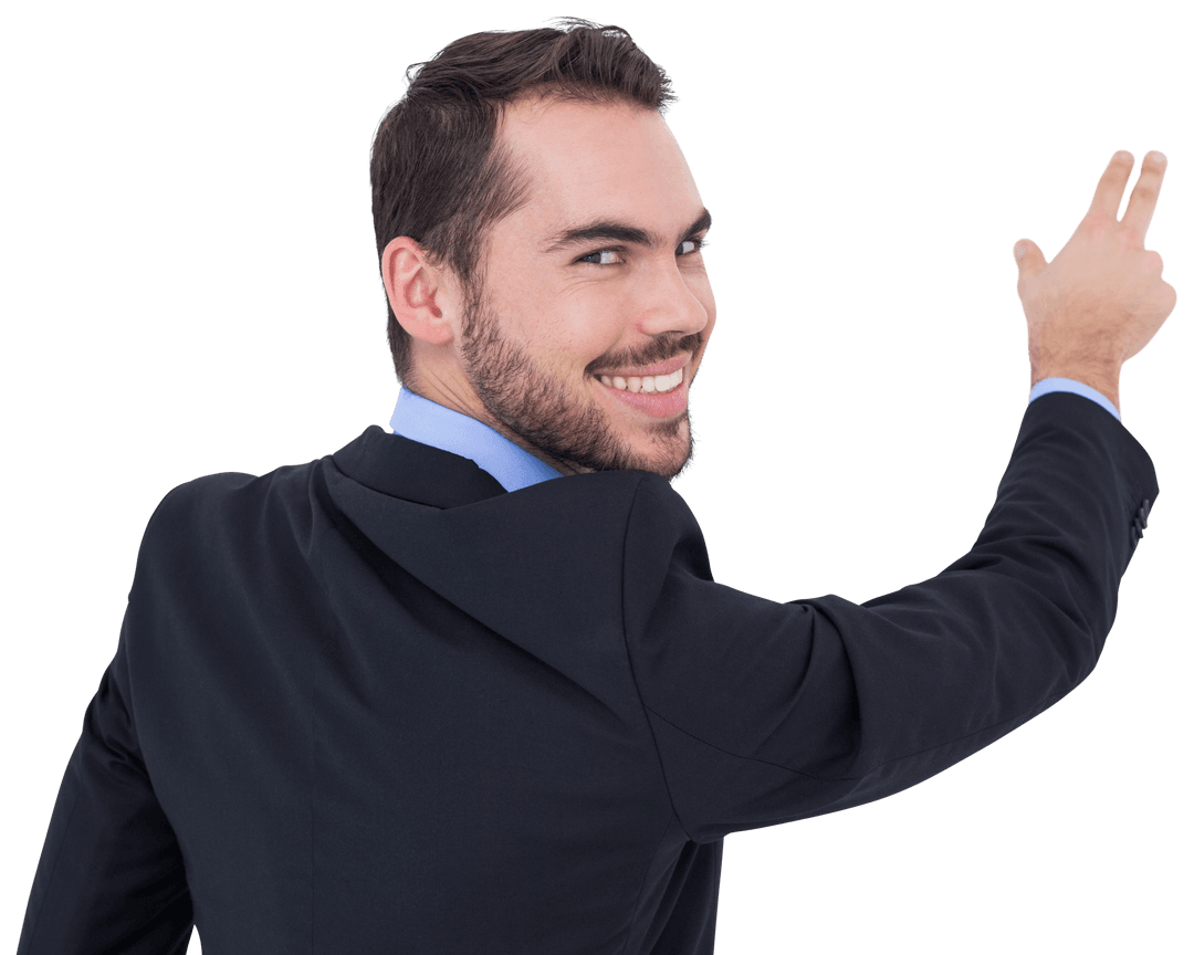 Confident Smiling Businessman Pointing on Transparent Background