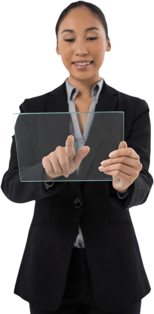 Transparent Businesswoman Operates Futuristic Glass Tablet