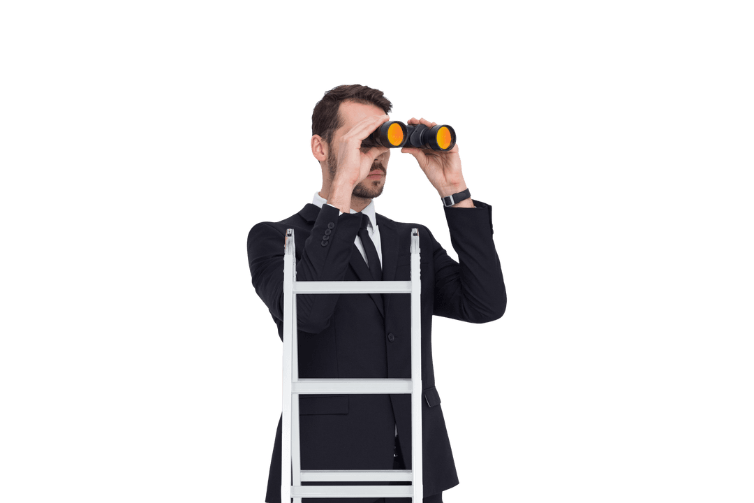 Transparent Businessman Climbing Ladder Searching Vision Future