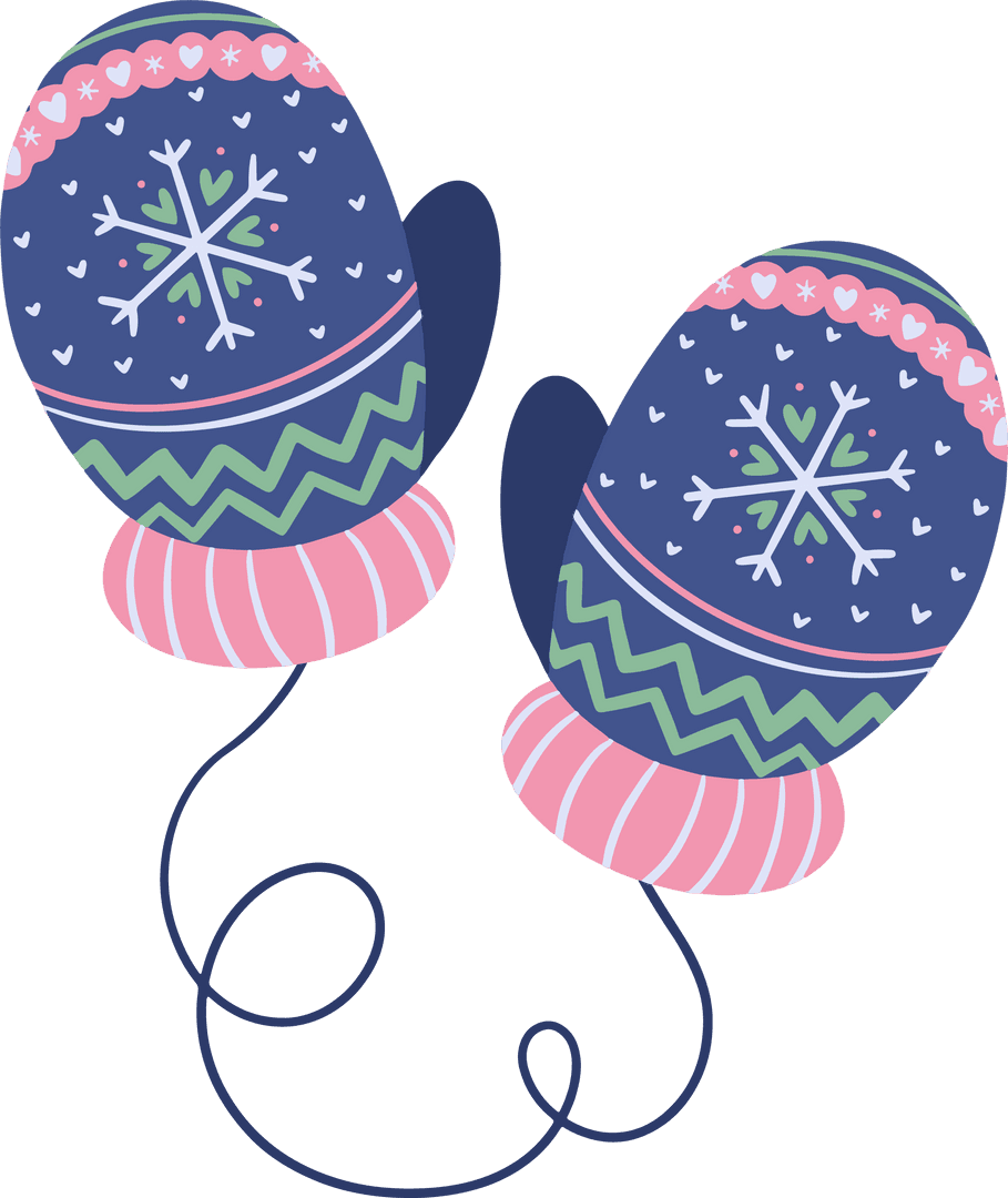 Colorful Winter Mittens with Cord on Transparent Background