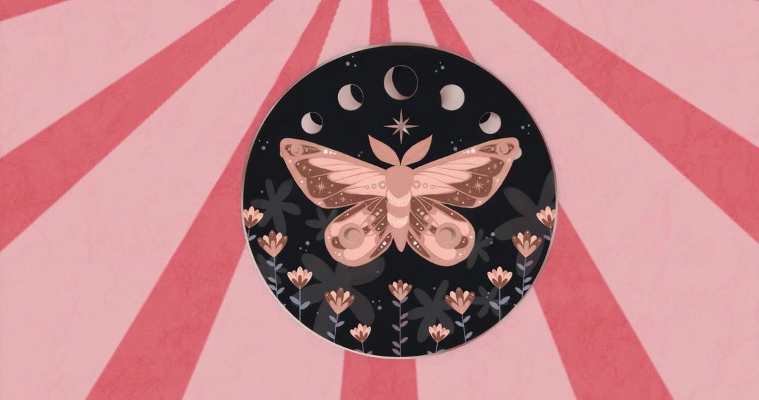 Fantasy Moth with Lunar Phases on Abstract Floral Background