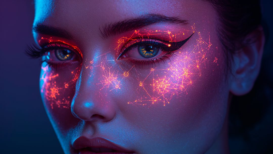 Neon Network Makeup Glowing on Female Face with Futuristic Winged Eyeliner