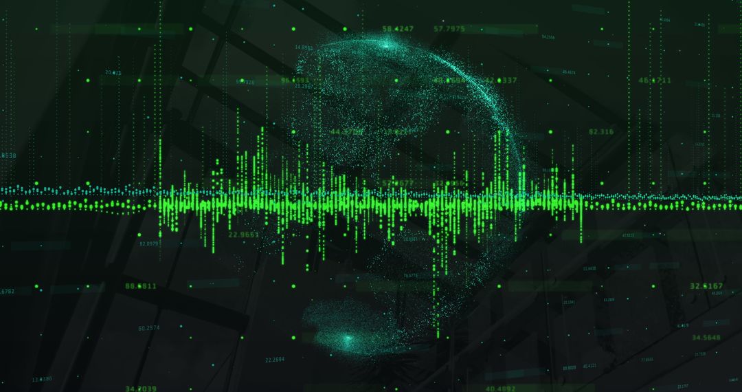 Digital Data Visualization with Green Globe and Modern Structures