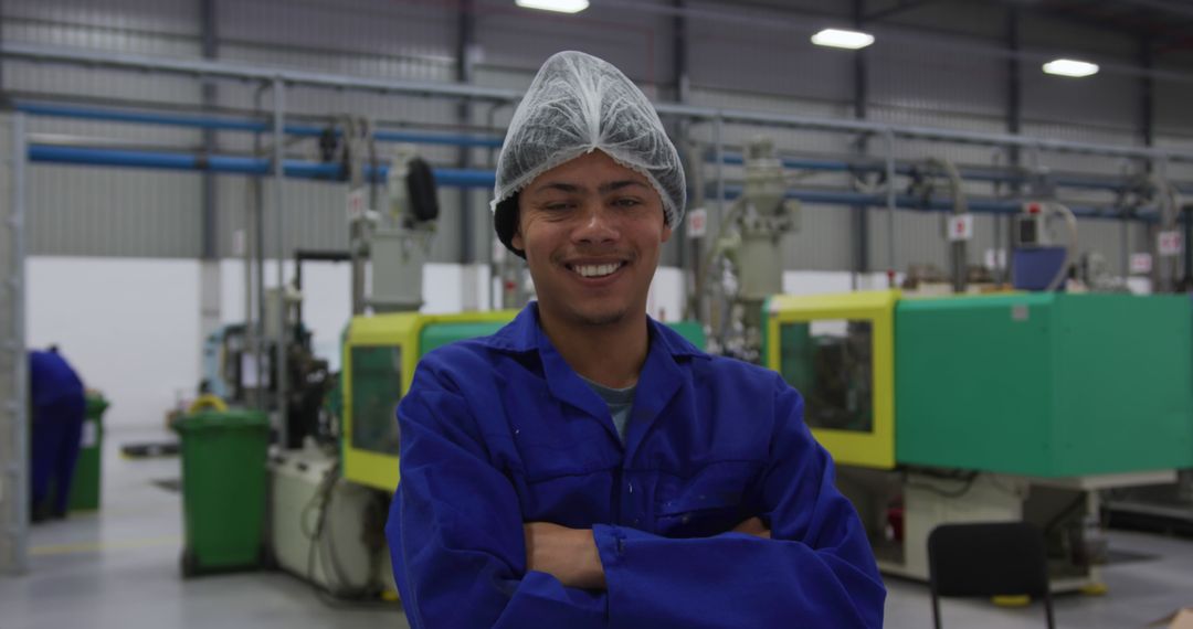 Male Factory Worker in Blue Uniform Standing with Arms Crossed - Free Images, Stock Photos and Pictures on Pikwizard.com