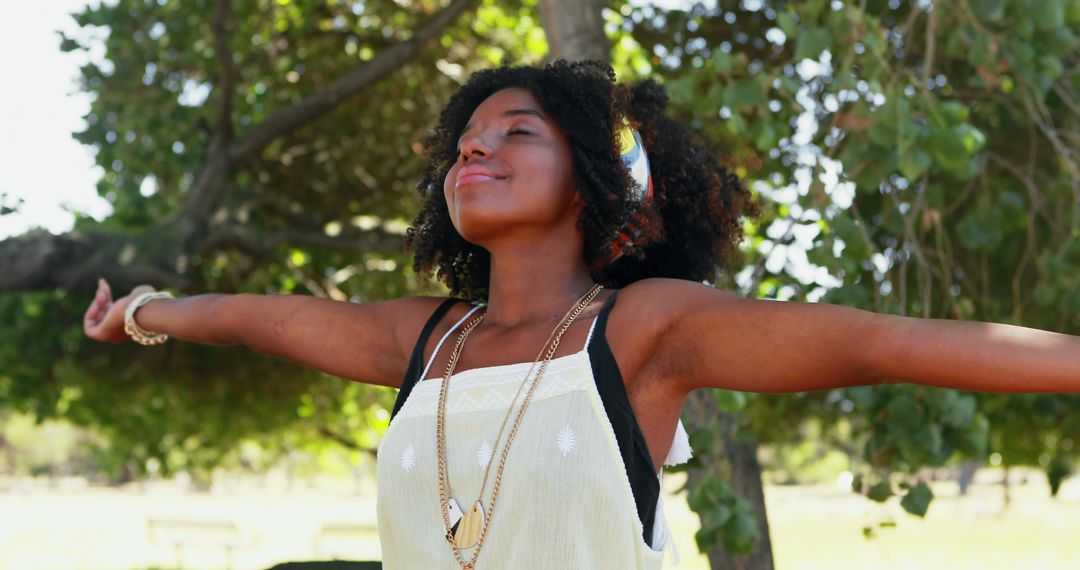 Joyful African American Woman With Outstretched Arms Enjoying Nature - Free Images, Stock Photos and Pictures on Pikwizard.com