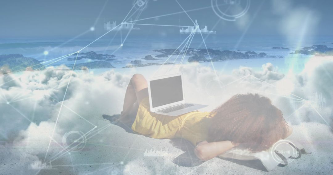 Dreamy Coastal Connection: Woman Relaxing on Beach with Laptop