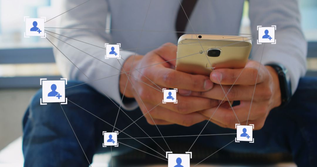 Businessman Using Smartphone with Social Network Graphics Overlay
