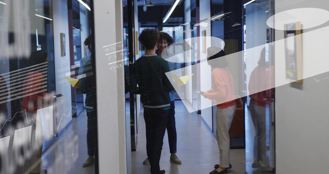 Infographic Interface Overlay on Colleagues in Office Corridor