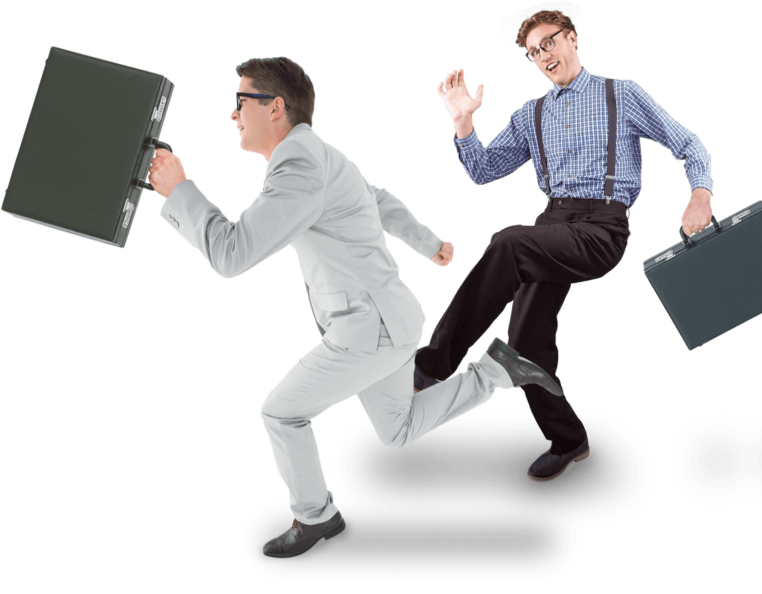 Happy Businessmen Running with Suitcases on Transparent Background